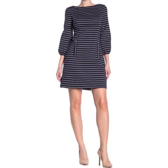 ELIZA J Boatneck Long Sleeve Stripe Cut-Out Back Knit Shift Dress, Navy, Size 6 - Picture 4 of 4